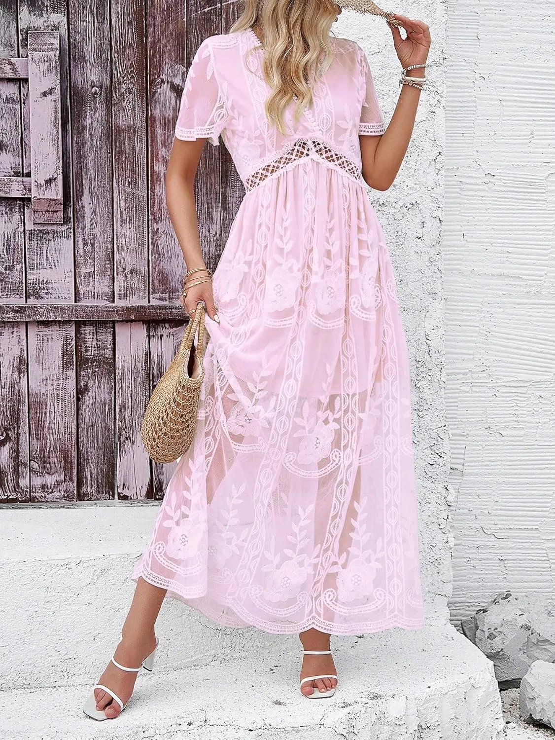 2025 Spring Summer Maxi Dresses for Women V Neck Short Sleeve Lace Floral Flowy Beach Vacation Boho Wedding Sundress