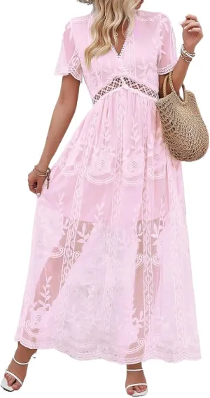 2025 Spring Summer Maxi Dresses for Women V Neck Short Sleeve Lace Floral Flowy Beach Vacation Boho Wedding Sundress