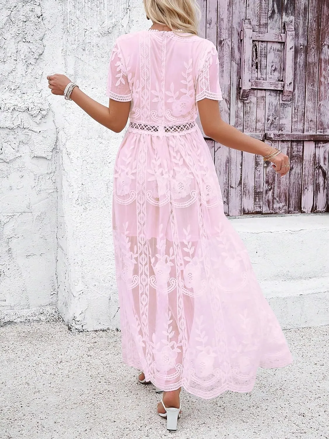 2025 Spring Summer Maxi Dresses for Women V Neck Short Sleeve Lace Floral Flowy Beach Vacation Boho Wedding Sundress