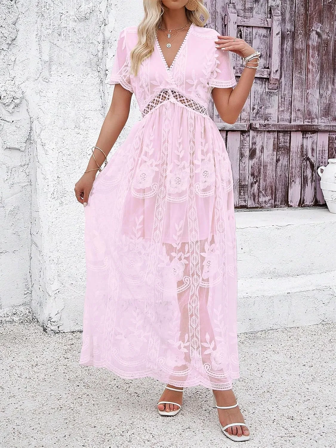 2025 Spring Summer Maxi Dresses for Women V Neck Short Sleeve Lace Floral Flowy Beach Vacation Boho Wedding Sundress
