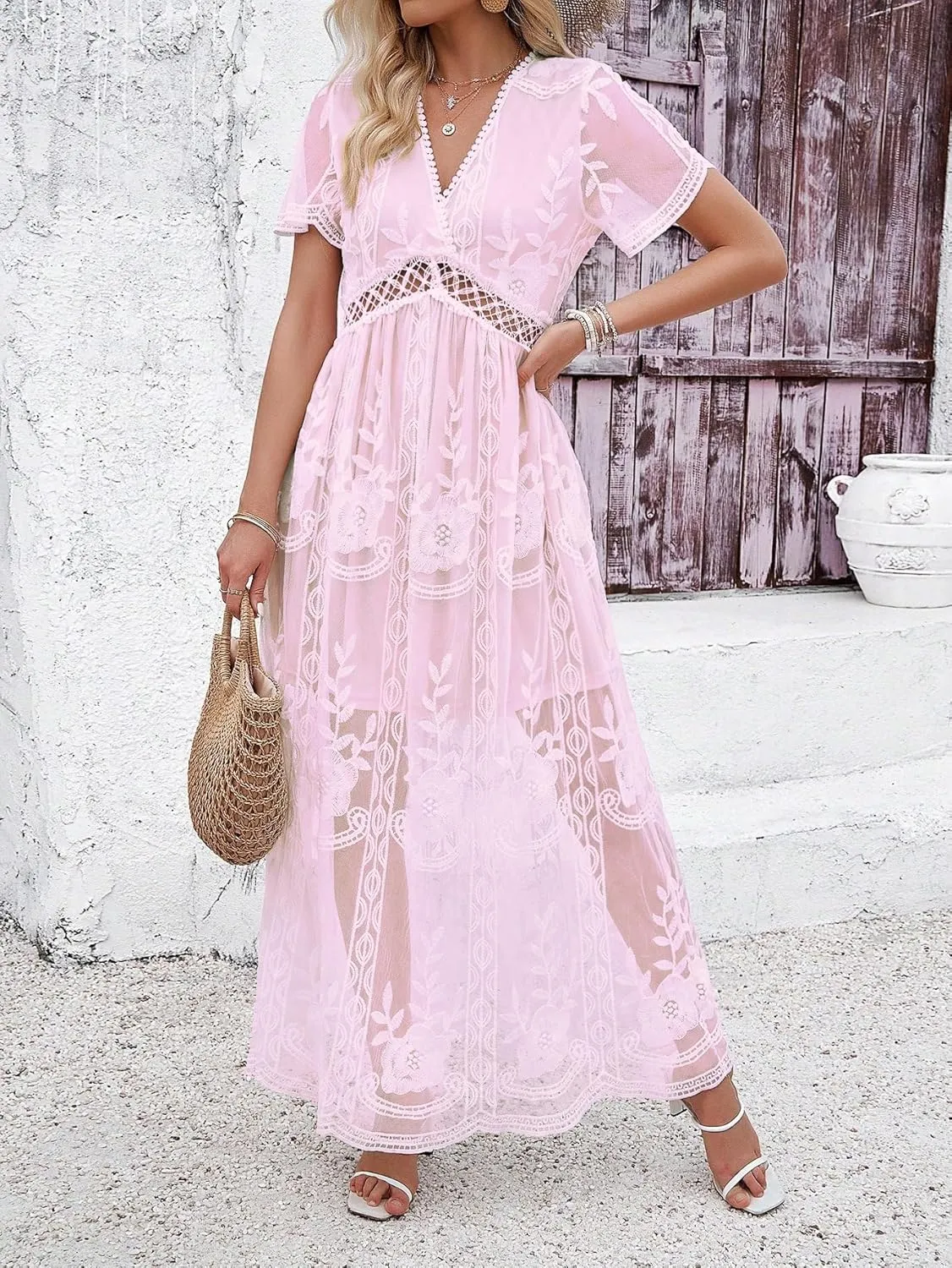 2025 Spring Summer Maxi Dresses for Women V Neck Short Sleeve Lace Floral Flowy Beach Vacation Boho Wedding Sundress