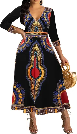 African Long Dresses for Women Elegant Church Dresses Print Maxi Dress High Waist Cocktail Bohemian Vintage Party Outfits