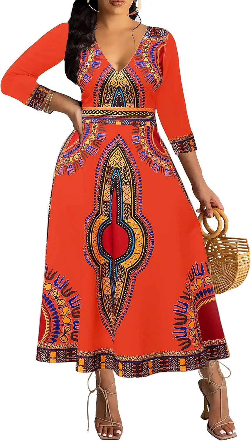 African Long Dresses for Women Elegant Church Dresses Print Maxi Dress High Waist Cocktail Bohemian Vintage Party Outfits