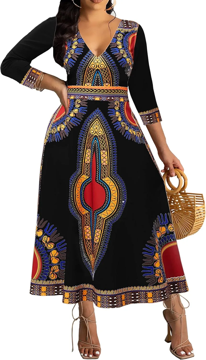 African Long Dresses for Women Elegant Church Dresses Print Maxi Dress High Waist Cocktail Bohemian Vintage Party Outfits