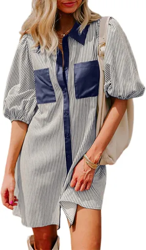 AlvaQ Women Dress Summer 2025 Casual V Neck Short Sleeve Button Down Striped Tunic Dresses with Pockets