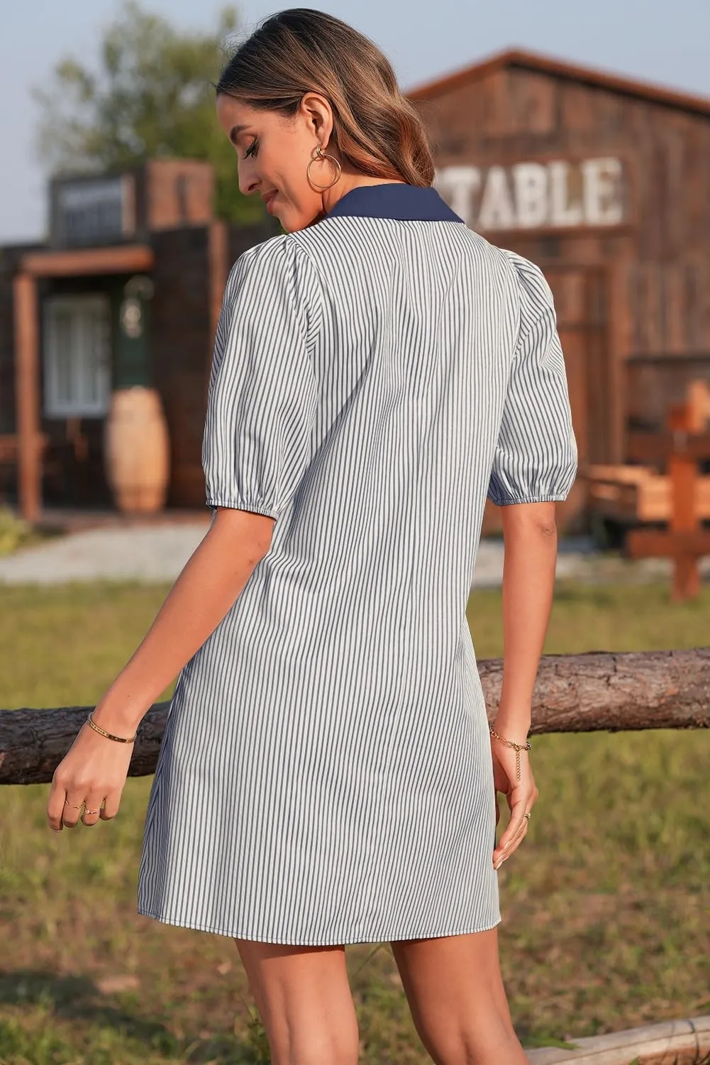 AlvaQ Women Dress Summer 2025 Casual V Neck Short Sleeve Button Down Striped Tunic Dresses with Pockets
