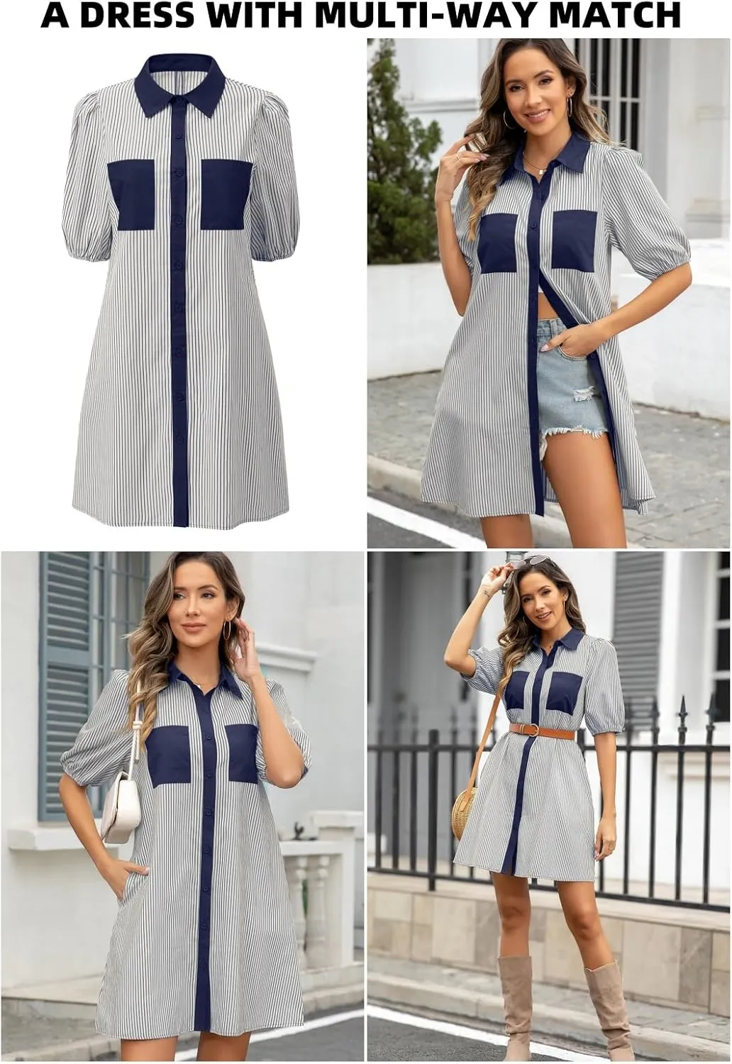 AlvaQ Women Dress Summer 2025 Casual V Neck Short Sleeve Button Down Striped Tunic Dresses with Pockets