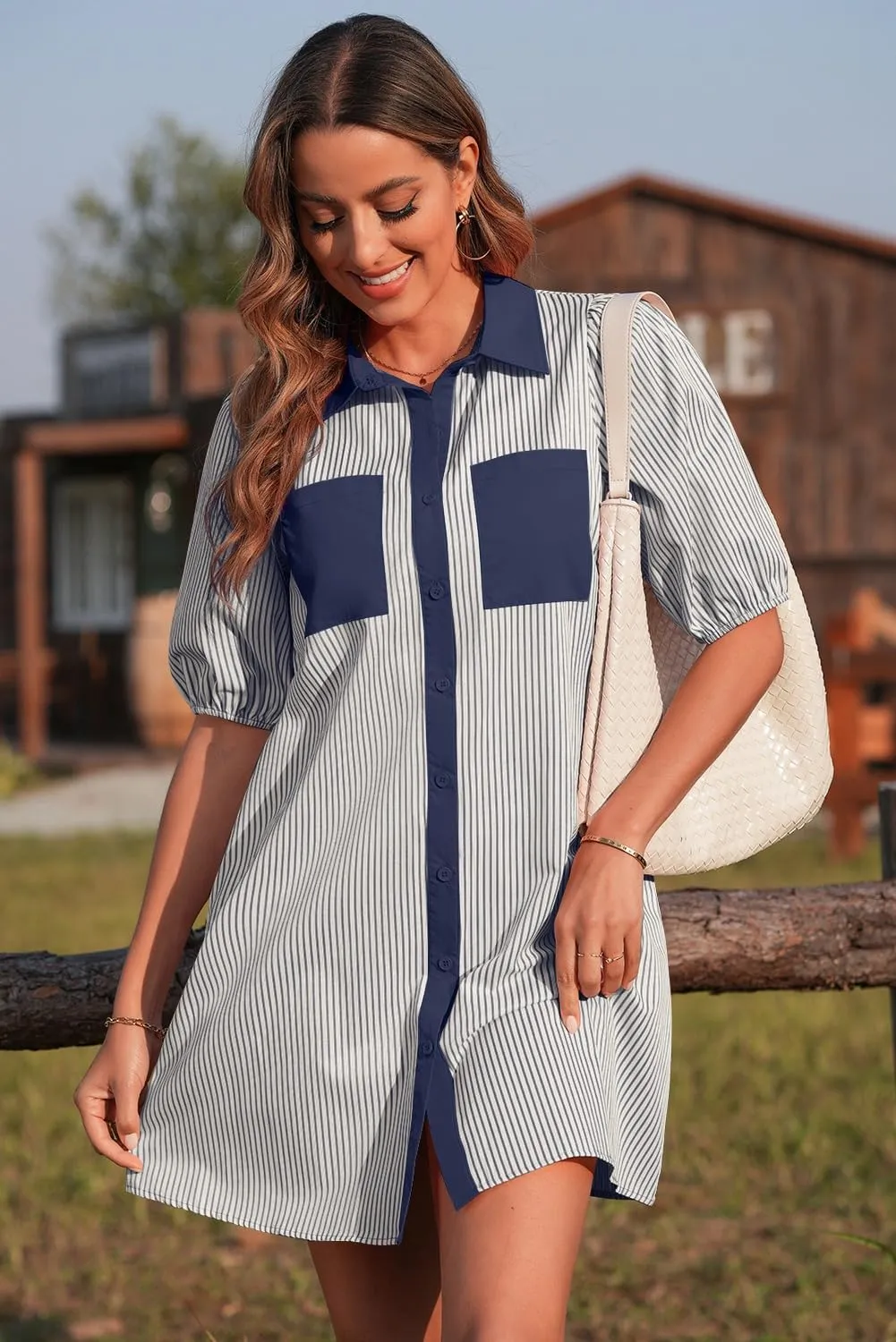 AlvaQ Women Dress Summer 2025 Casual V Neck Short Sleeve Button Down Striped Tunic Dresses with Pockets