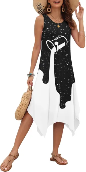 AUSELILY Women's Summer Dresses 2025 Casual Sleeveless Sundress Asymmetrical Hem Midi Tank Beach Dress with Pockets