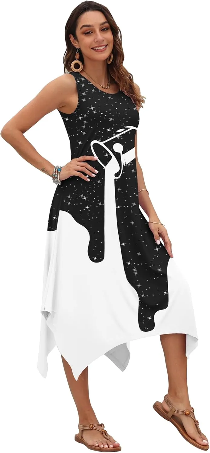 AUSELILY Women's Summer Dresses 2025 Casual Sleeveless Sundress Asymmetrical Hem Midi Tank Beach Dress with Pockets