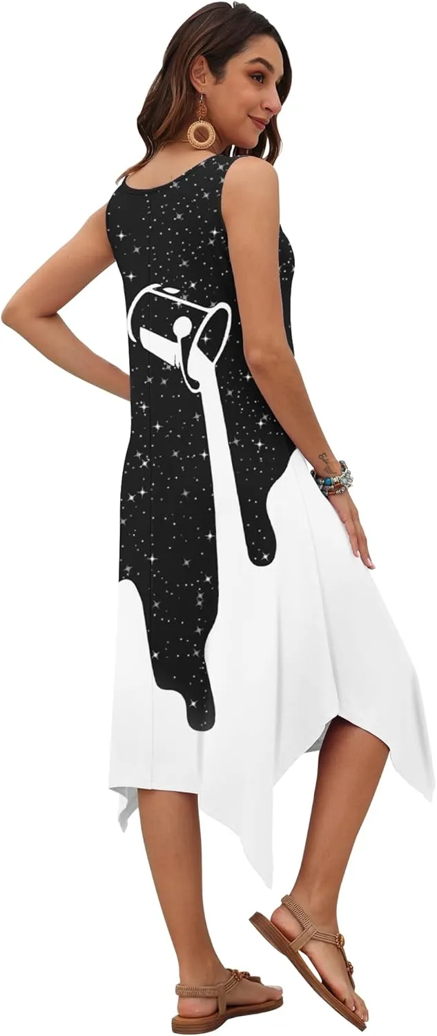 AUSELILY Women's Summer Dresses 2025 Casual Sleeveless Sundress Asymmetrical Hem Midi Tank Beach Dress with Pockets
