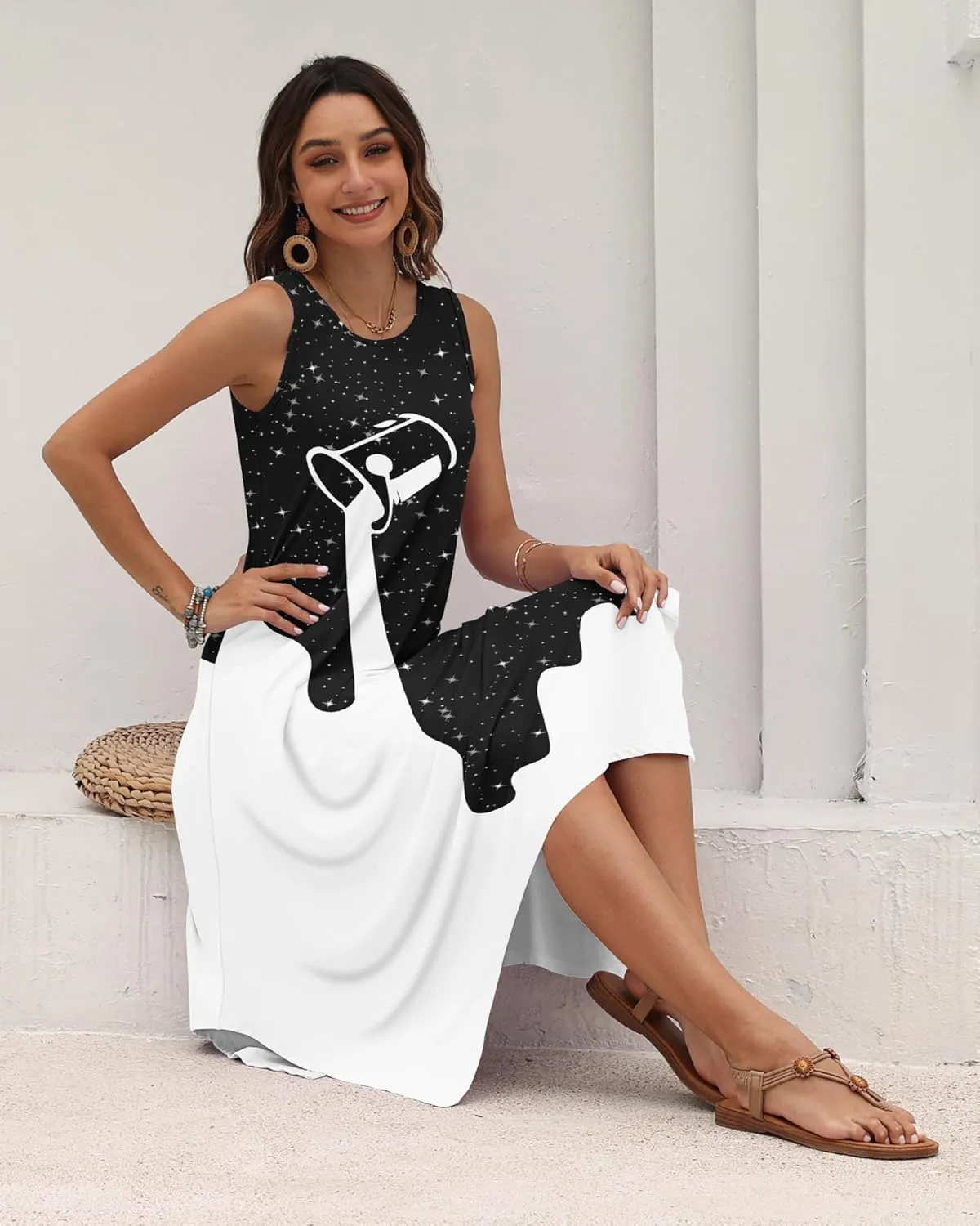 AUSELILY Women's Summer Dresses 2025 Casual Sleeveless Sundress Asymmetrical Hem Midi Tank Beach Dress with Pockets