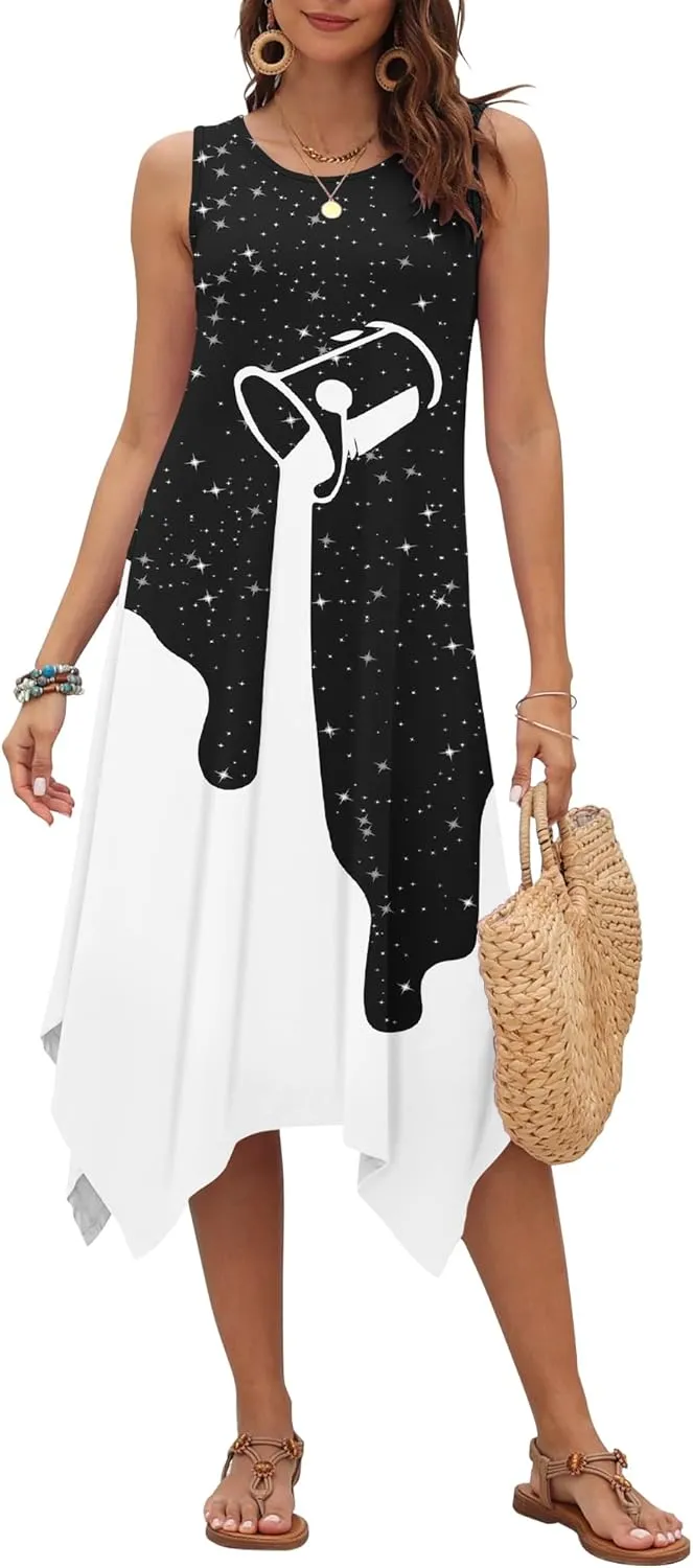 AUSELILY Women's Summer Dresses 2025 Casual Sleeveless Sundress Asymmetrical Hem Midi Tank Beach Dress with Pockets