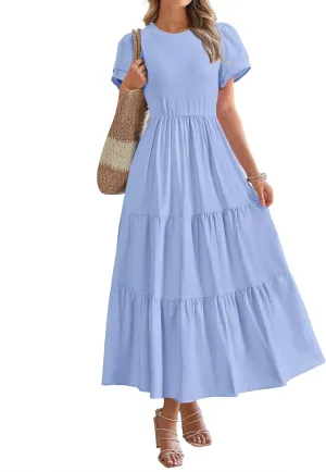 BTFBM Women Casual Summer Dresses 2025 Spring Crewneck Short Sleeve Tiered Flowy Boho Maxi Beach Vacation Dress Pockets