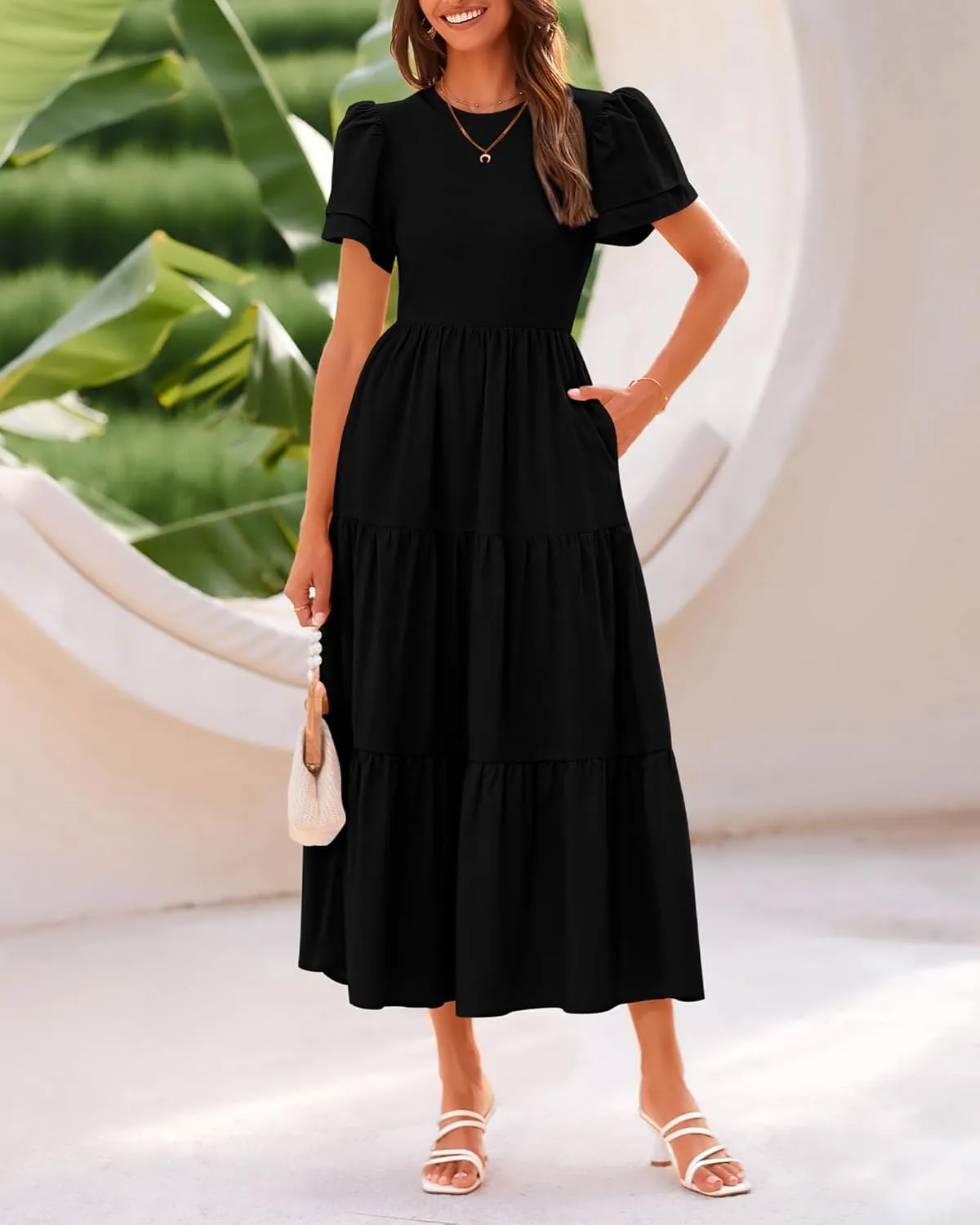 BTFBM Women Casual Summer Dresses 2025 Spring Crewneck Short Sleeve Tiered Flowy Boho Maxi Beach Vacation Dress Pockets