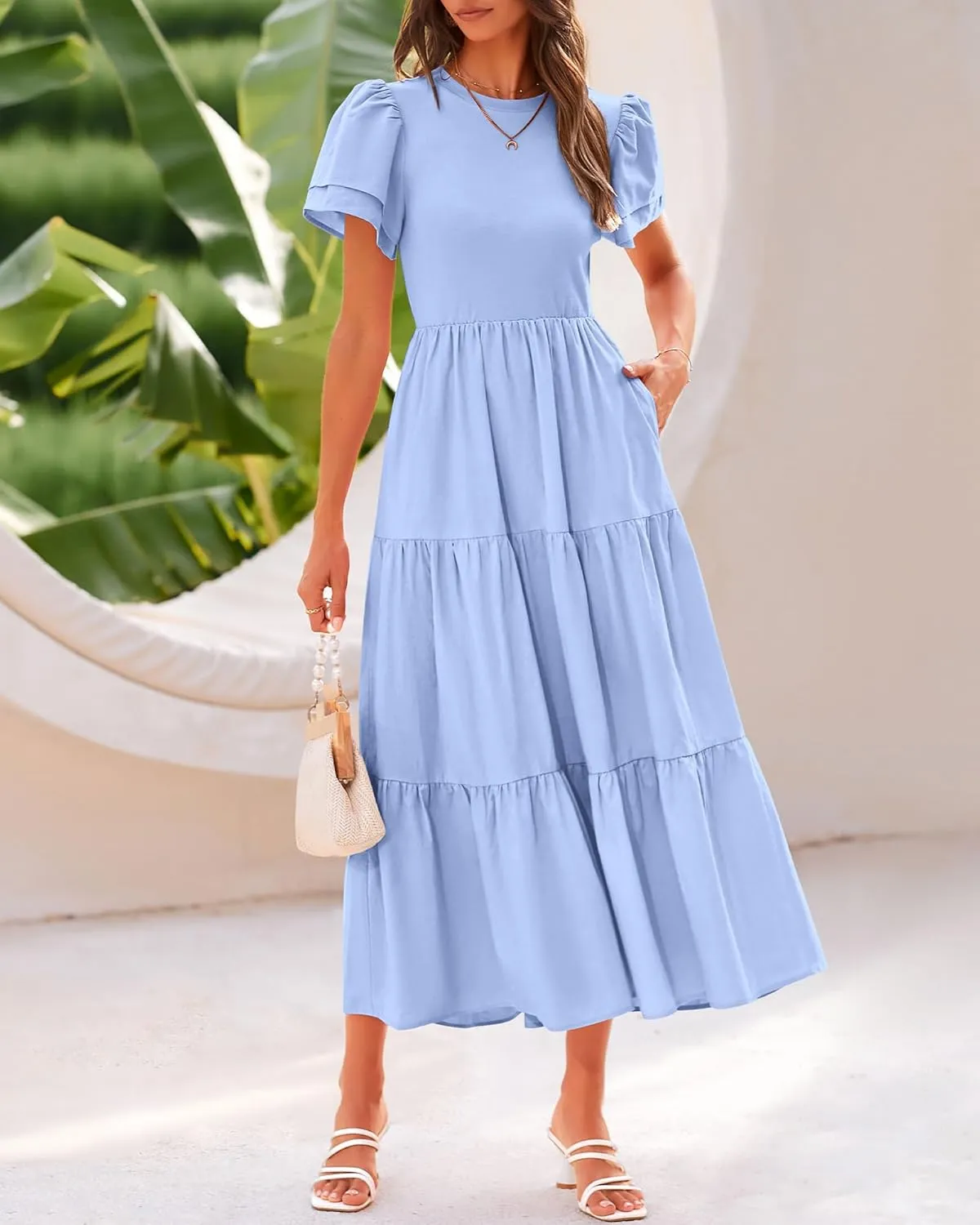 BTFBM Women Casual Summer Dresses 2025 Spring Crewneck Short Sleeve Tiered Flowy Boho Maxi Beach Vacation Dress Pockets