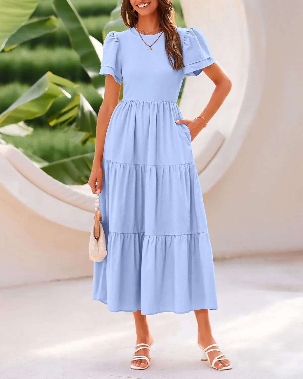 BTFBM Women Casual Summer Dresses 2025 Spring Crewneck Short Sleeve Tiered Flowy Boho Maxi Beach Vacation Dress Pockets