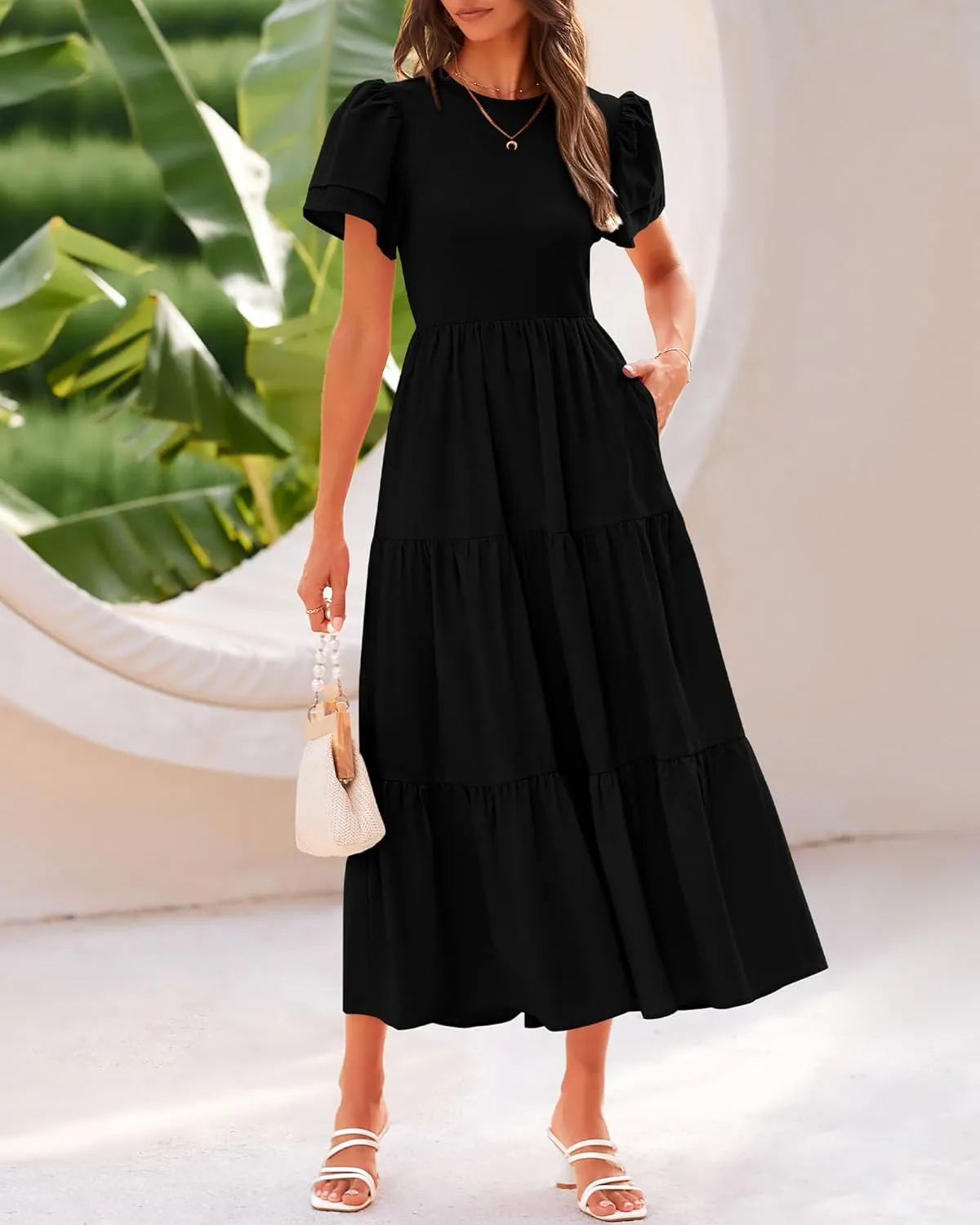 BTFBM Women Casual Summer Dresses 2025 Spring Crewneck Short Sleeve Tiered Flowy Boho Maxi Beach Vacation Dress Pockets