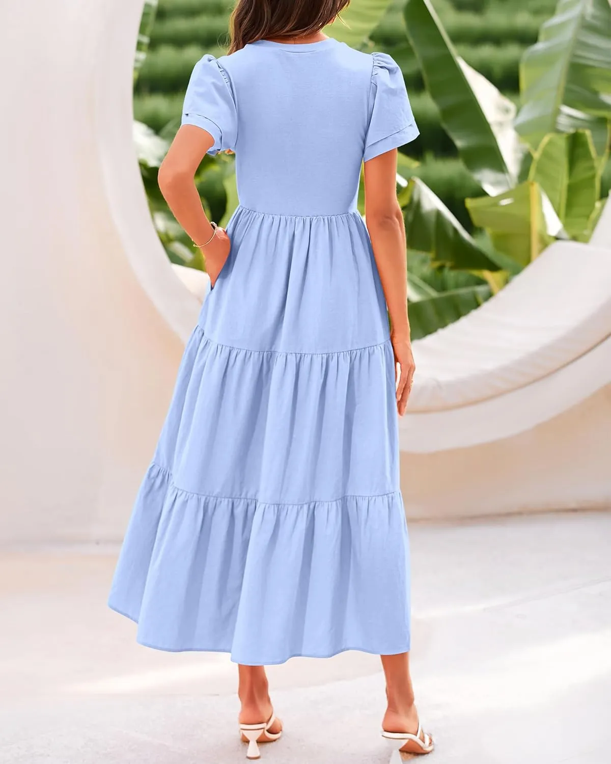 BTFBM Women Casual Summer Dresses 2025 Spring Crewneck Short Sleeve Tiered Flowy Boho Maxi Beach Vacation Dress Pockets