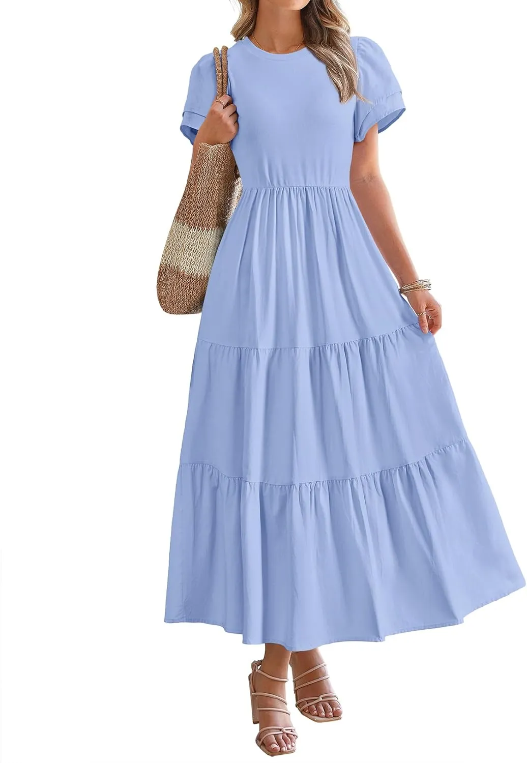 BTFBM Women Casual Summer Dresses 2025 Spring Crewneck Short Sleeve Tiered Flowy Boho Maxi Beach Vacation Dress Pockets