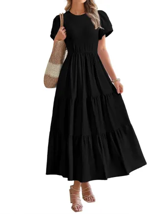 BTFBM Women Casual Summer Dresses 2025 Spring Crewneck Short Sleeve Tiered Flowy Boho Maxi Beach Vacation Dress Pockets