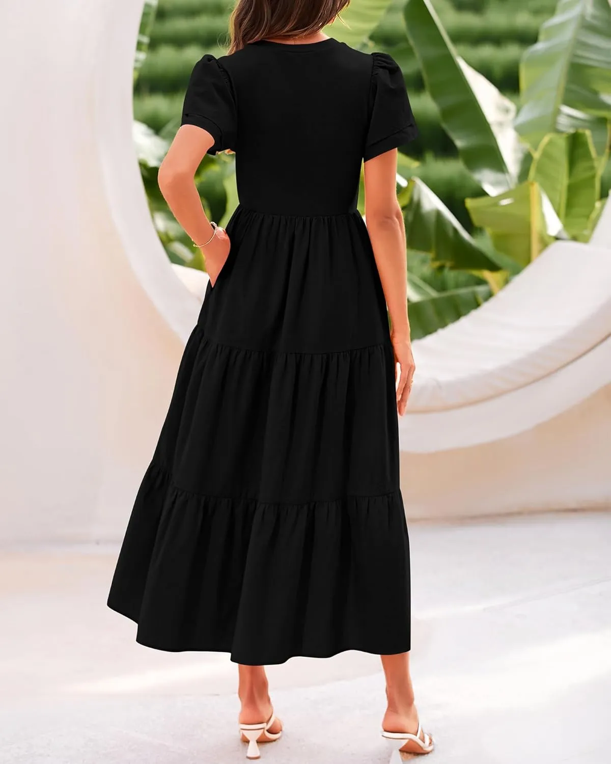 BTFBM Women Casual Summer Dresses 2025 Spring Crewneck Short Sleeve Tiered Flowy Boho Maxi Beach Vacation Dress Pockets
