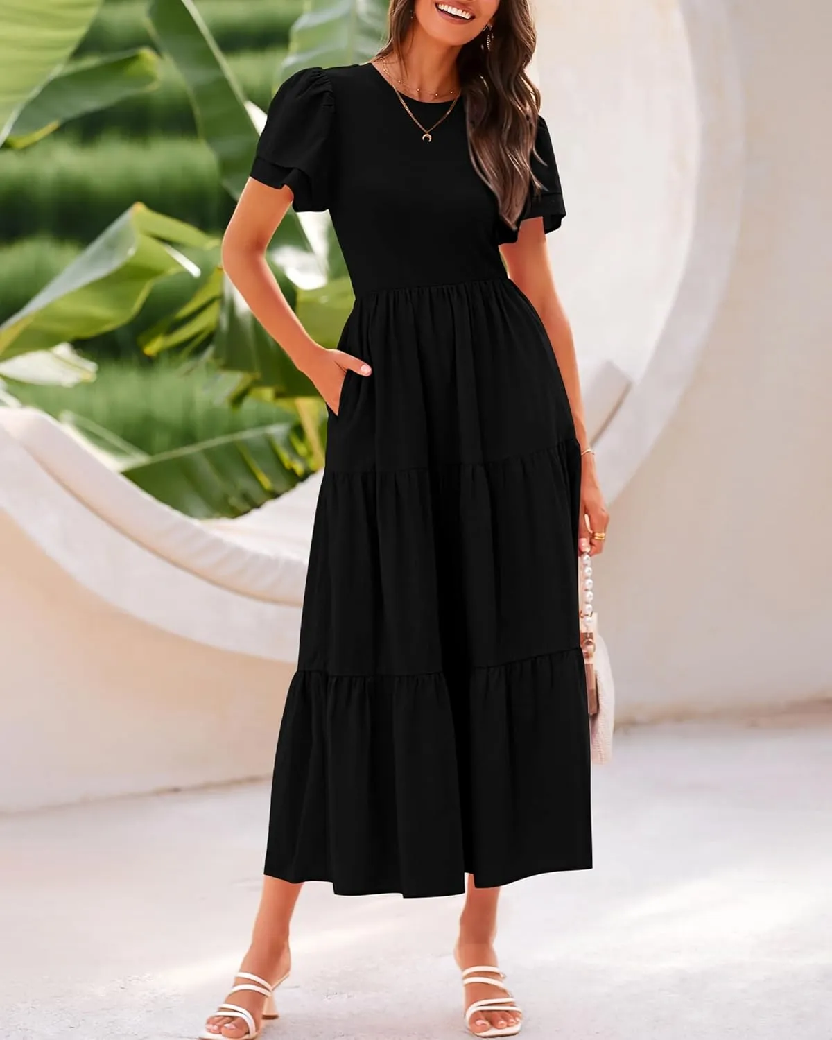 BTFBM Women Casual Summer Dresses 2025 Spring Crewneck Short Sleeve Tiered Flowy Boho Maxi Beach Vacation Dress Pockets
