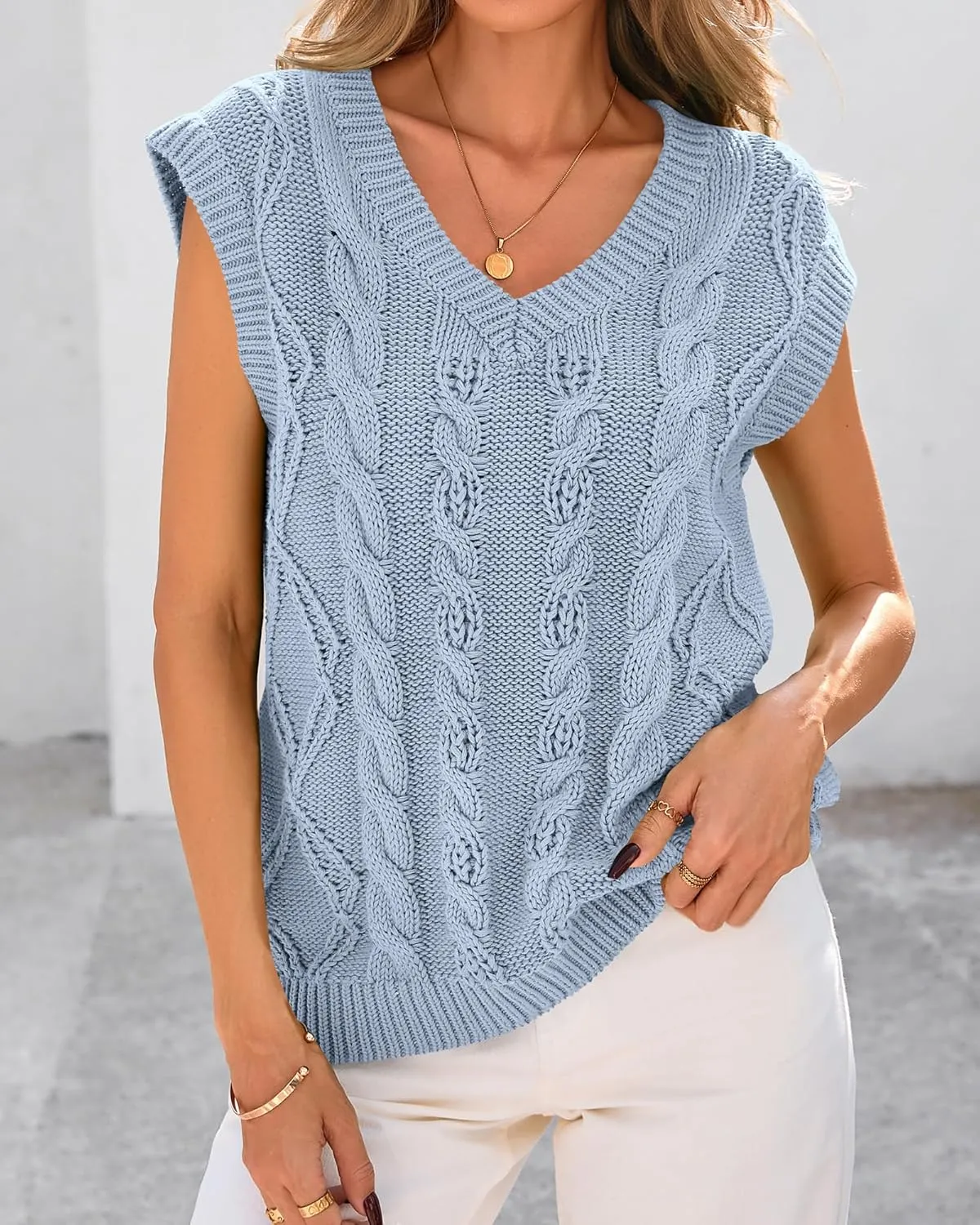 BTFBM Womens Oversized Sweater Vest 2025 Summer V Neck Casual Sleeveless Sweaters Loose Cable Knit Pullover Tops