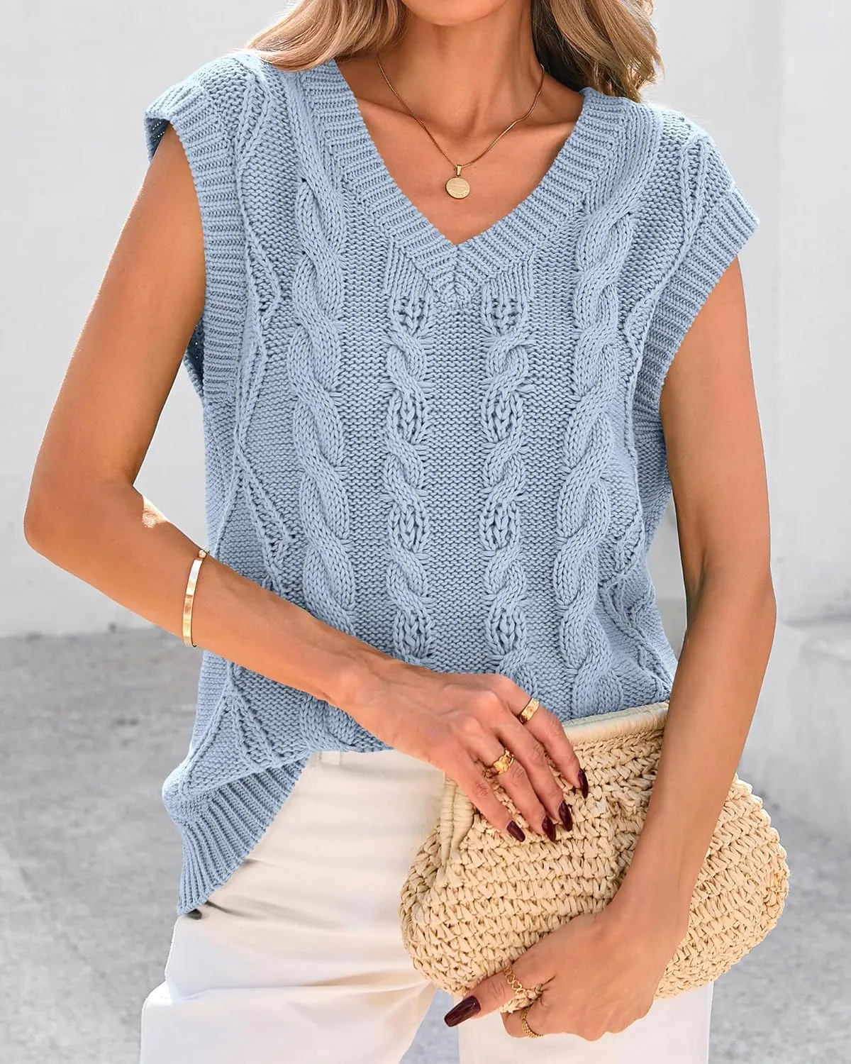 BTFBM Womens Oversized Sweater Vest 2025 Summer V Neck Casual Sleeveless Sweaters Loose Cable Knit Pullover Tops