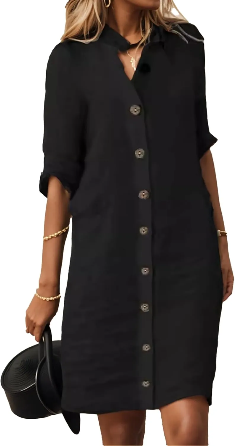 Button Down Dress for Women Casual Linen Flowy Shift Midi Dress Summer V Neck Half Sleeve Loose Beach Shirt Dresses
