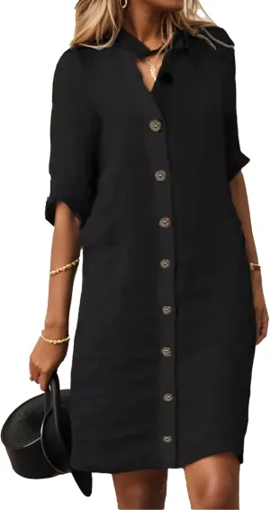 Button Down Dress for Women Casual Linen Flowy Shift Midi Dress Summer V Neck Half Sleeve Loose Beach Shirt Dresses