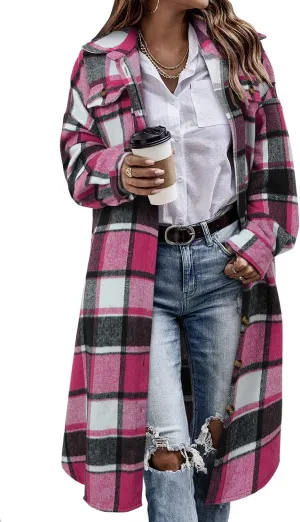 CHICZONE Womens Plaid Shacket Jacket Long Corduroy Shirt Casual Lapel Button Down Flannel Trench Coats