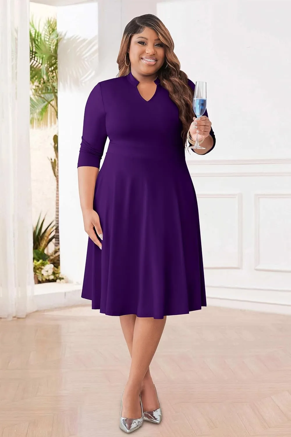CLOCOR Plus Size Dress for Women Semi Formal Church 3/4 Sleeve Fit and Flare Casual Dresses V Neck with Pockets