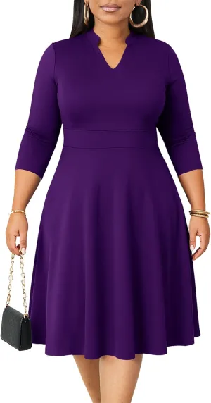 CLOCOR Plus Size Dress for Women Semi Formal Church 3/4 Sleeve Fit and Flare Casual Dresses V Neck with Pockets