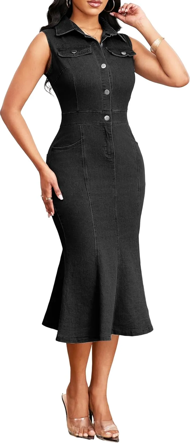 Denim Dress for Women Bodycon Sexy Short Sleeve Jean Split Workwear Dresses with Zipper Club Party Night