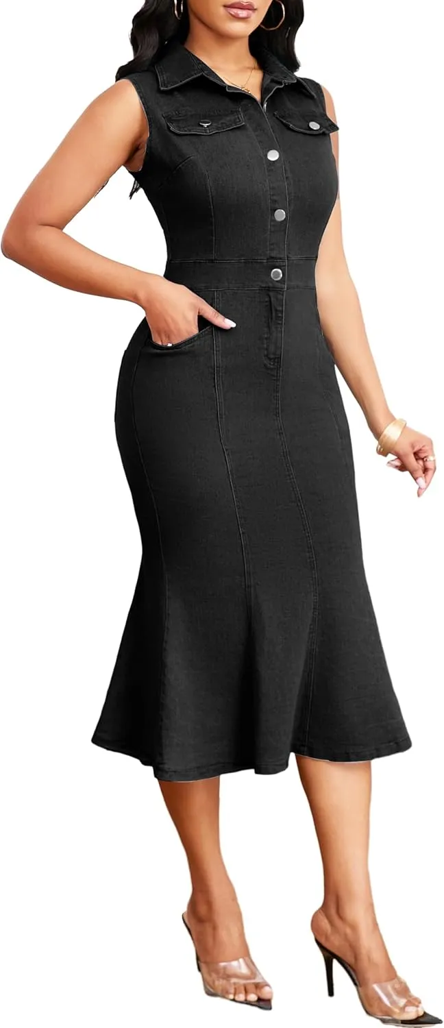 Denim Dress for Women Bodycon Sexy Short Sleeve Jean Split Workwear Dresses with Zipper Club Party Night