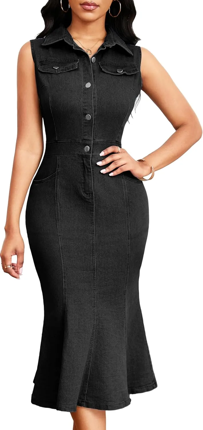 Denim Dress for Women Bodycon Sexy Short Sleeve Jean Split Workwear Dresses with Zipper Club Party Night