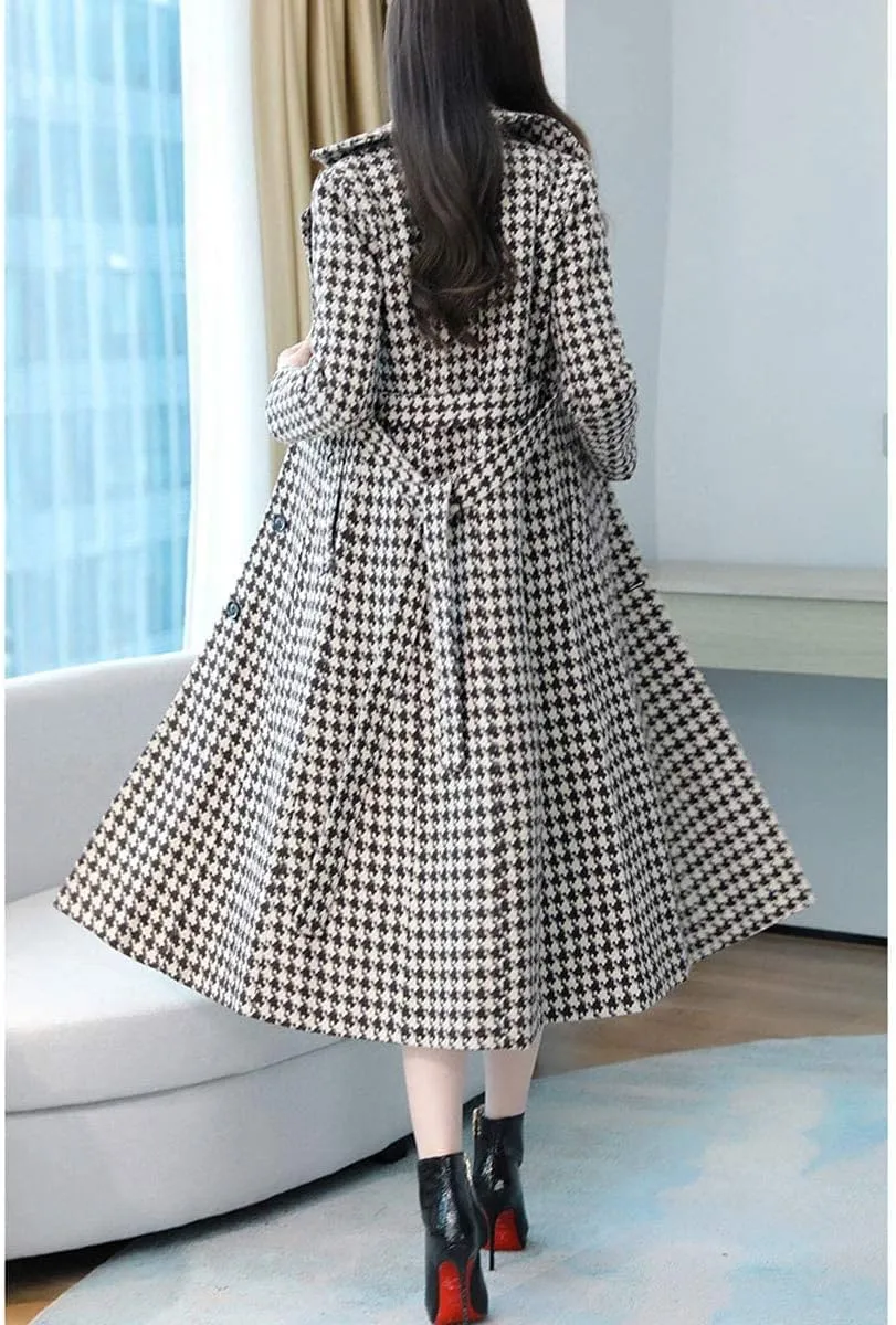 ebossy Women's Houndstooth Trench Coat Winter Single Breasted Quilt-Lined Long Coat