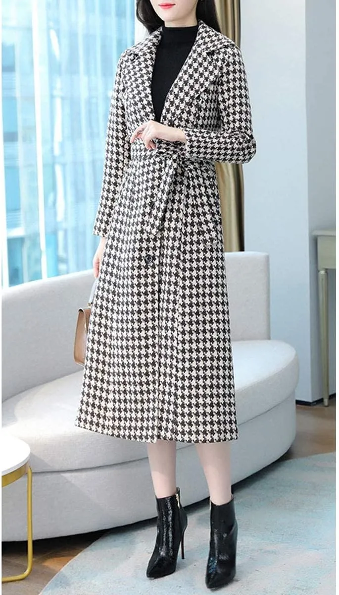 ebossy Women's Houndstooth Trench Coat Winter Single Breasted Quilt-Lined Long Coat