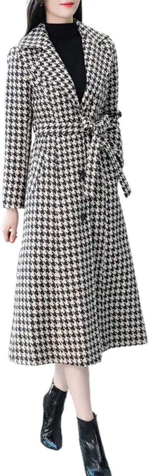 ebossy Women's Houndstooth Trench Coat Winter Single Breasted Quilt-Lined Long Coat