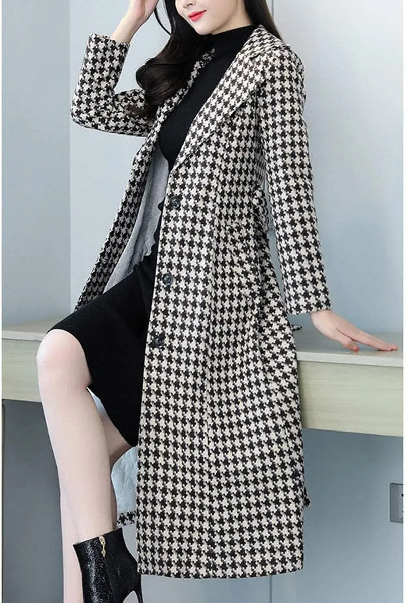 ebossy Women's Houndstooth Trench Coat Winter Single Breasted Quilt-Lined Long Coat