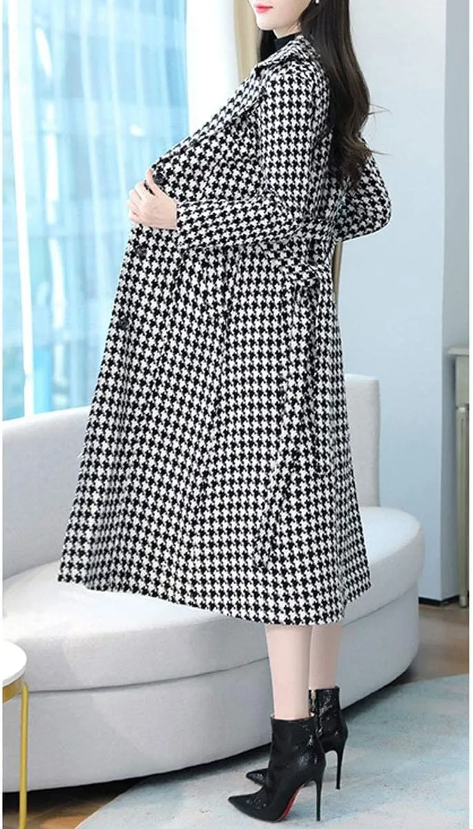 ebossy Women's Houndstooth Trench Coat Winter Single Breasted Quilt-Lined Long Coat