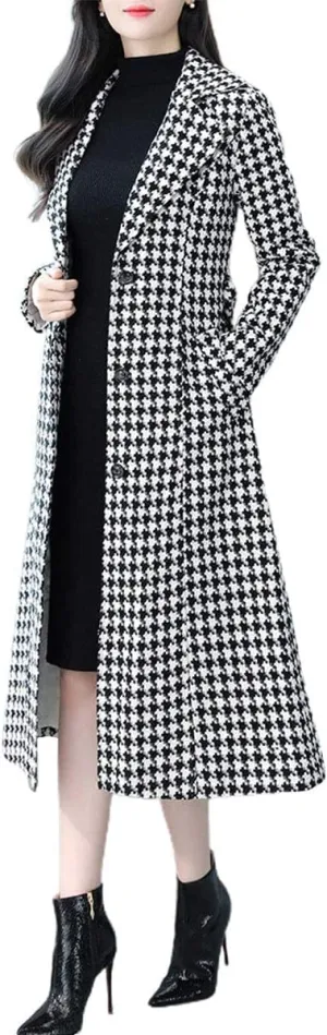 ebossy Women's Houndstooth Trench Coat Winter Single Breasted Quilt-Lined Long Coat