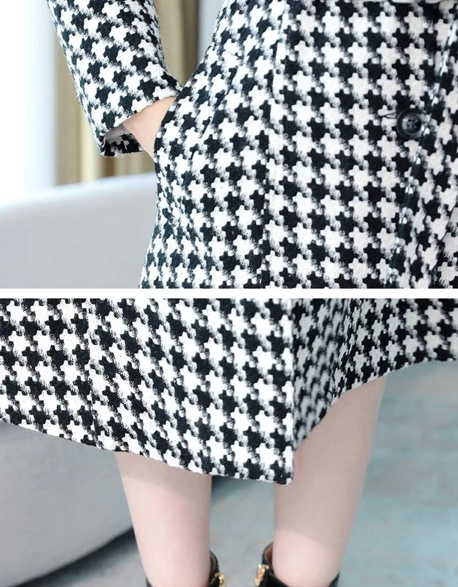 ebossy Women's Houndstooth Trench Coat Winter Single Breasted Quilt-Lined Long Coat