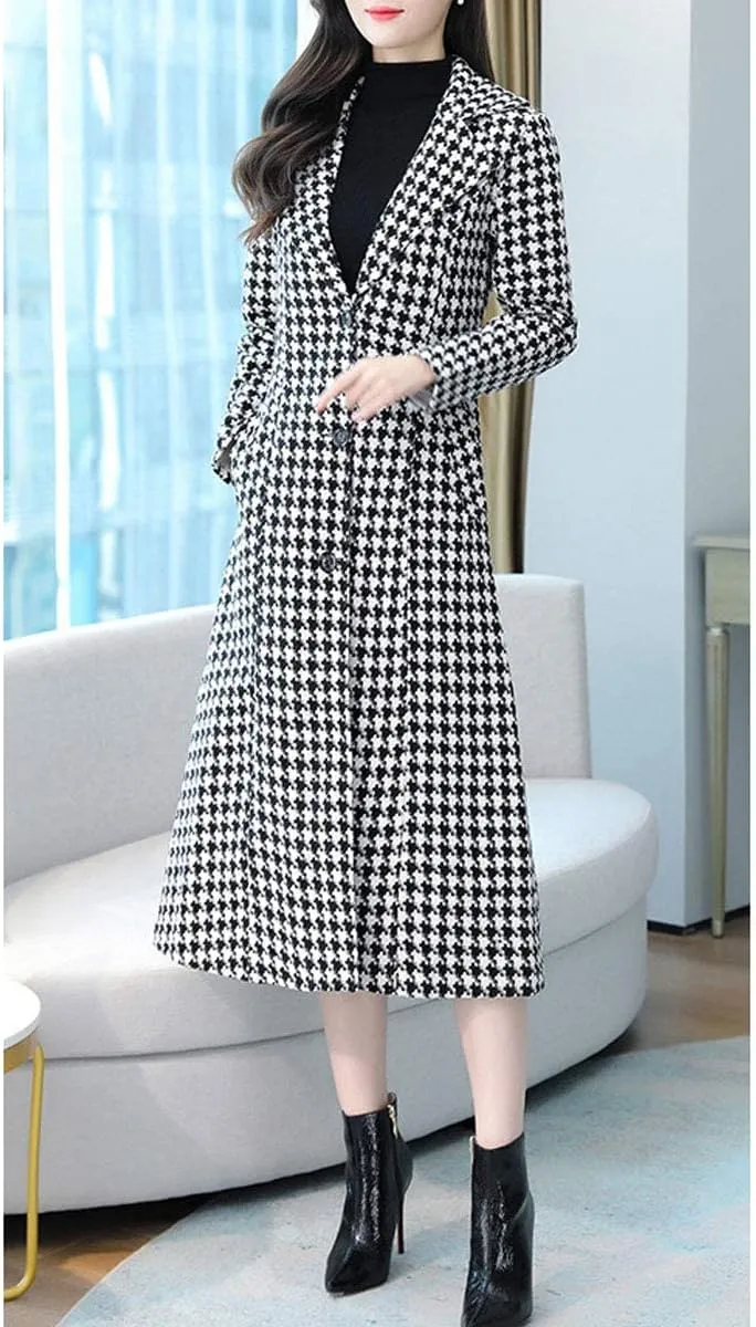 ebossy Women's Houndstooth Trench Coat Winter Single Breasted Quilt-Lined Long Coat