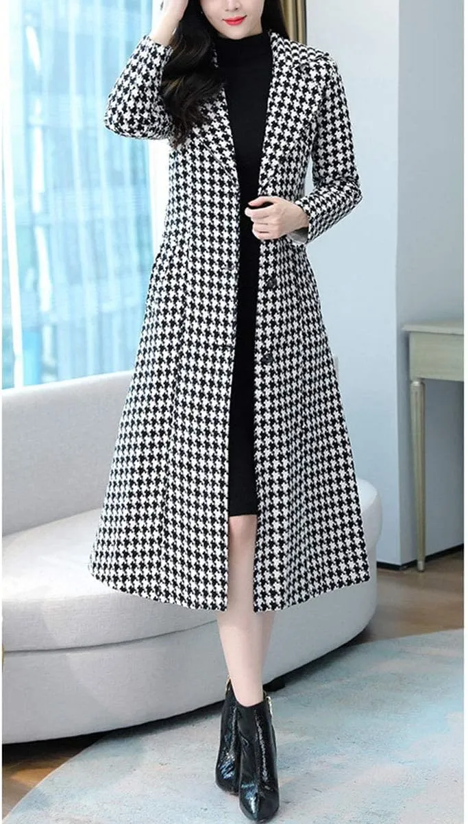 ebossy Women's Houndstooth Trench Coat Winter Single Breasted Quilt-Lined Long Coat