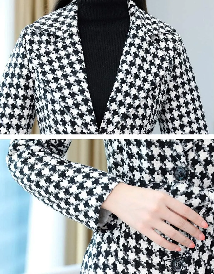 ebossy Women's Houndstooth Trench Coat Winter Single Breasted Quilt-Lined Long Coat