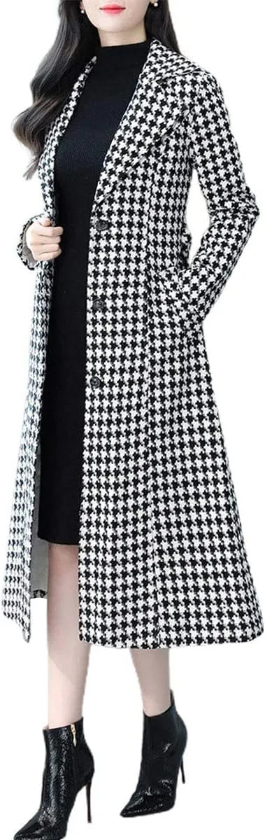ebossy Women's Houndstooth Trench Coat Winter Single Breasted Quilt-Lined Long Coat