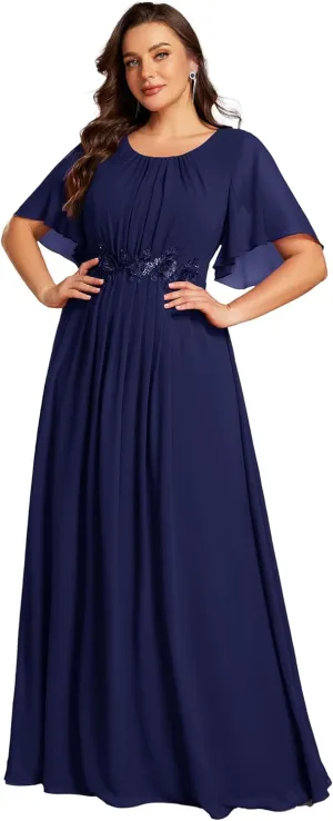 Ever-Pretty Plus Women's Round Neck Appliques Chiffon Short Sleeves Long Plus Size Formal Dresses Evening Gowns 02960-DA