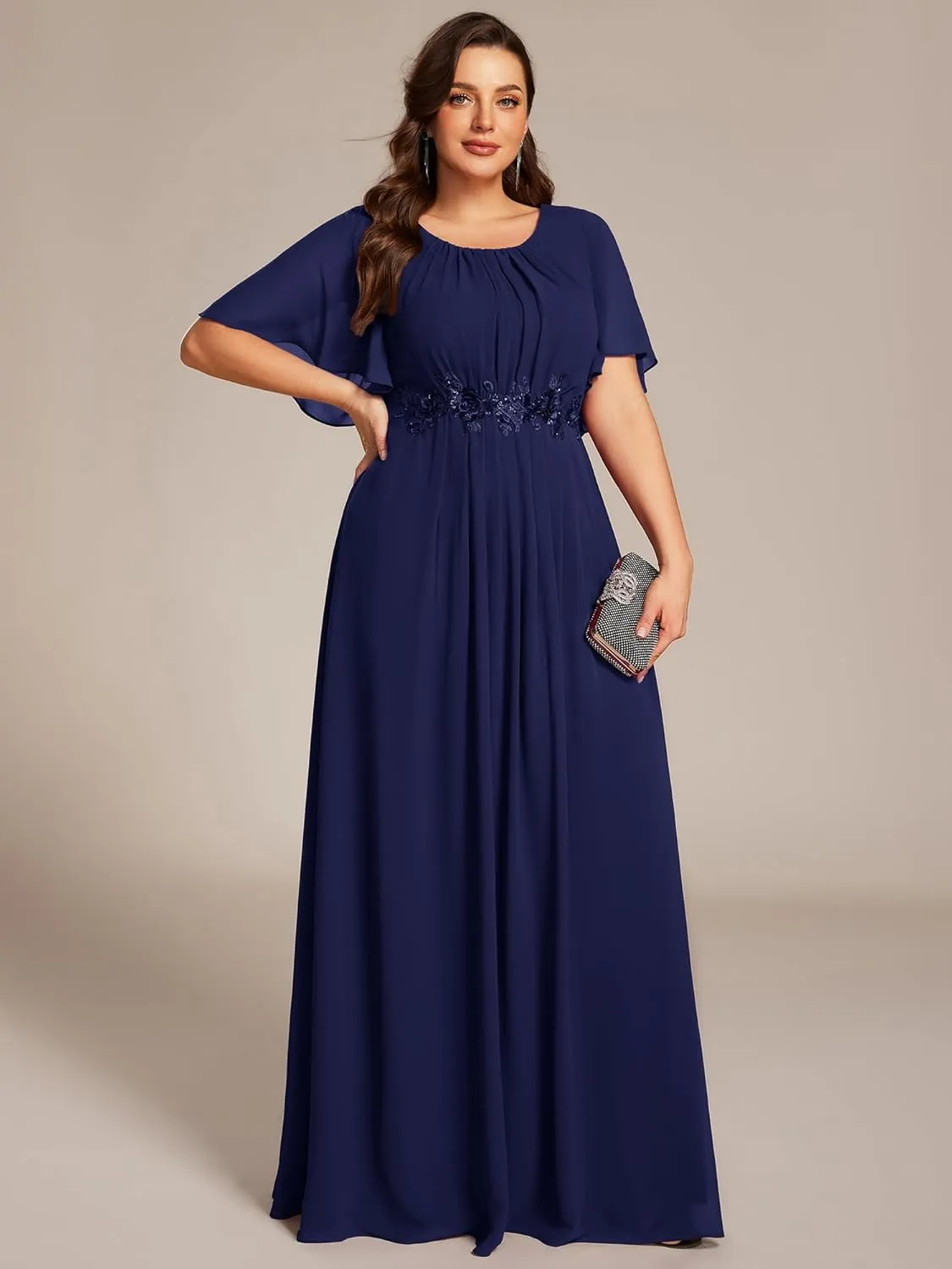 Ever-Pretty Plus Women's Round Neck Appliques Chiffon Short Sleeves Long Plus Size Formal Dresses Evening Gowns 02960-DA